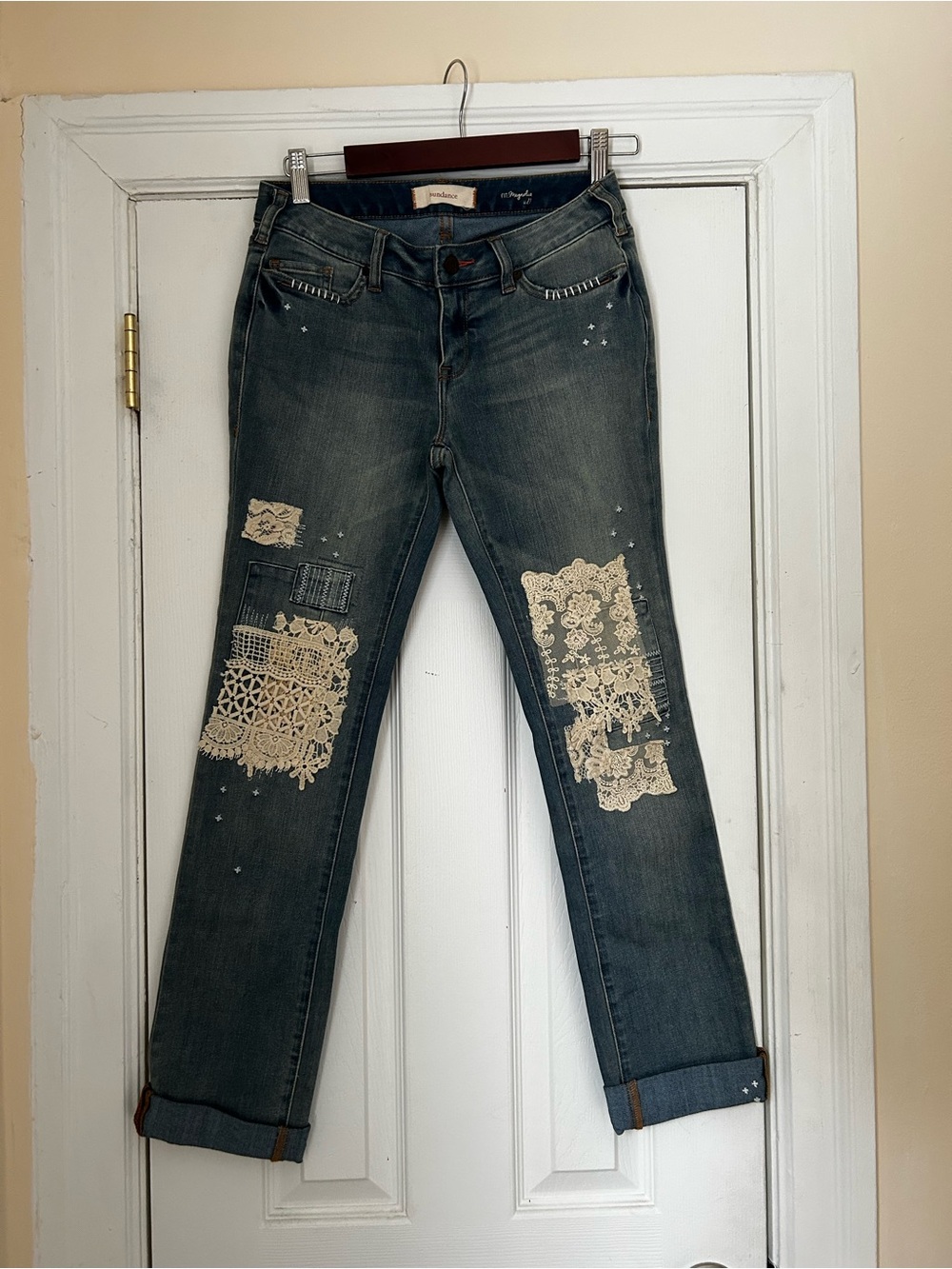 Sundance Dark Wash Boyfriend Jeans with Cream Lace Patches
